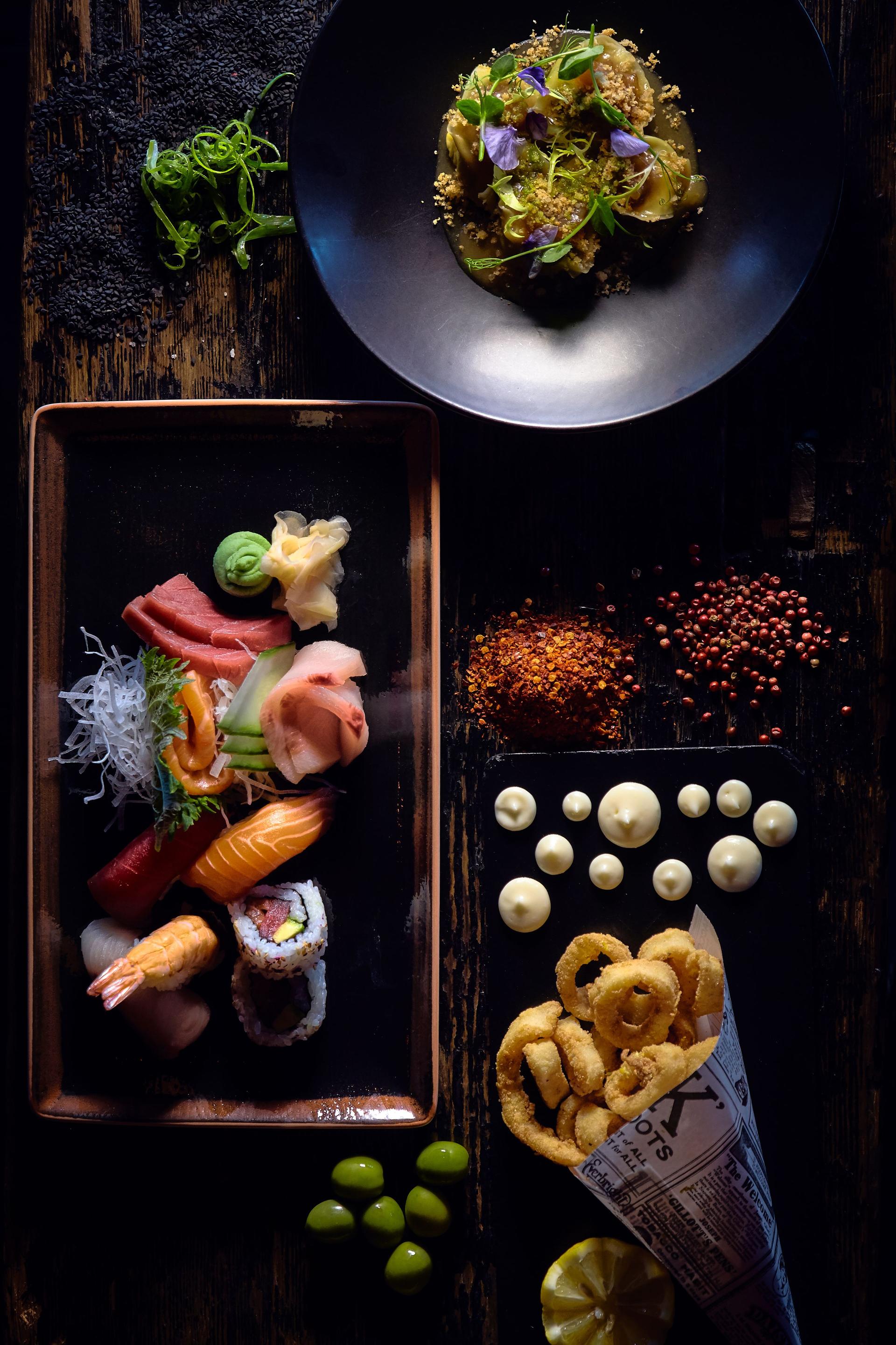 Luxury fusion restaurant table with olates variety